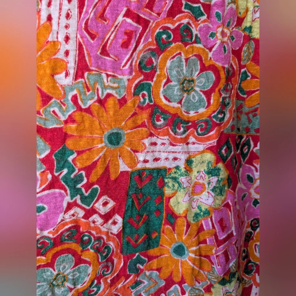 Nicole Miller Women's Top Linen Floral Short Sleeve Pink Orange Size Large Boho - Picture 6 of 7